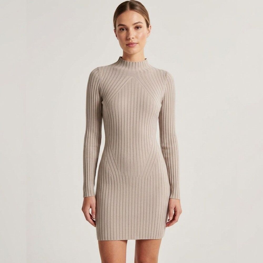 Abercrombie Taupe Ribbed Movkneck Long Sleeve Knit Mini Dress Small Tall